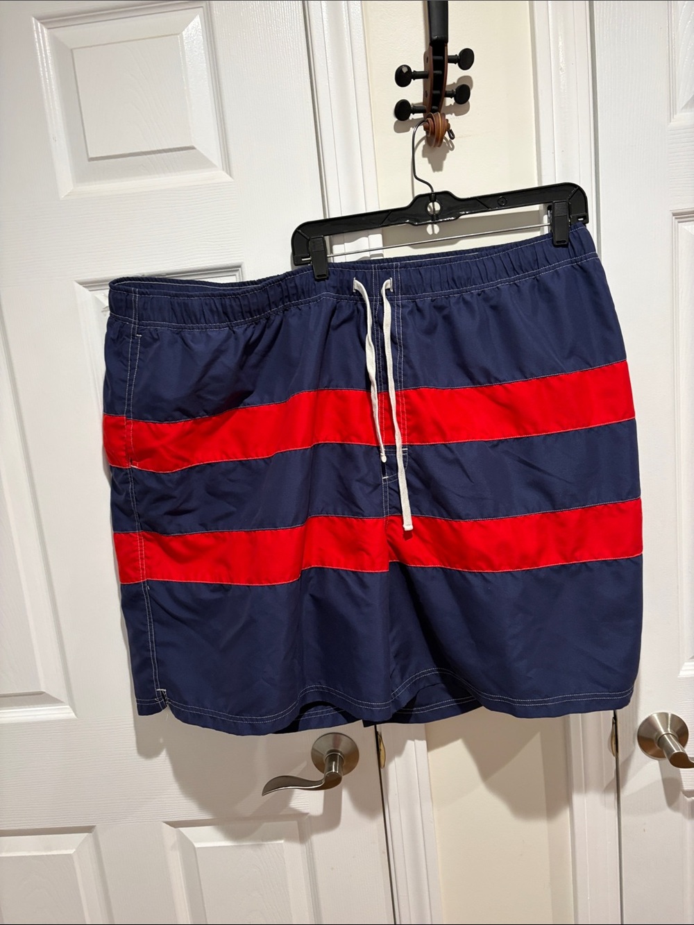 Harbor Bay Navy Swim Trunks with Red Stripes